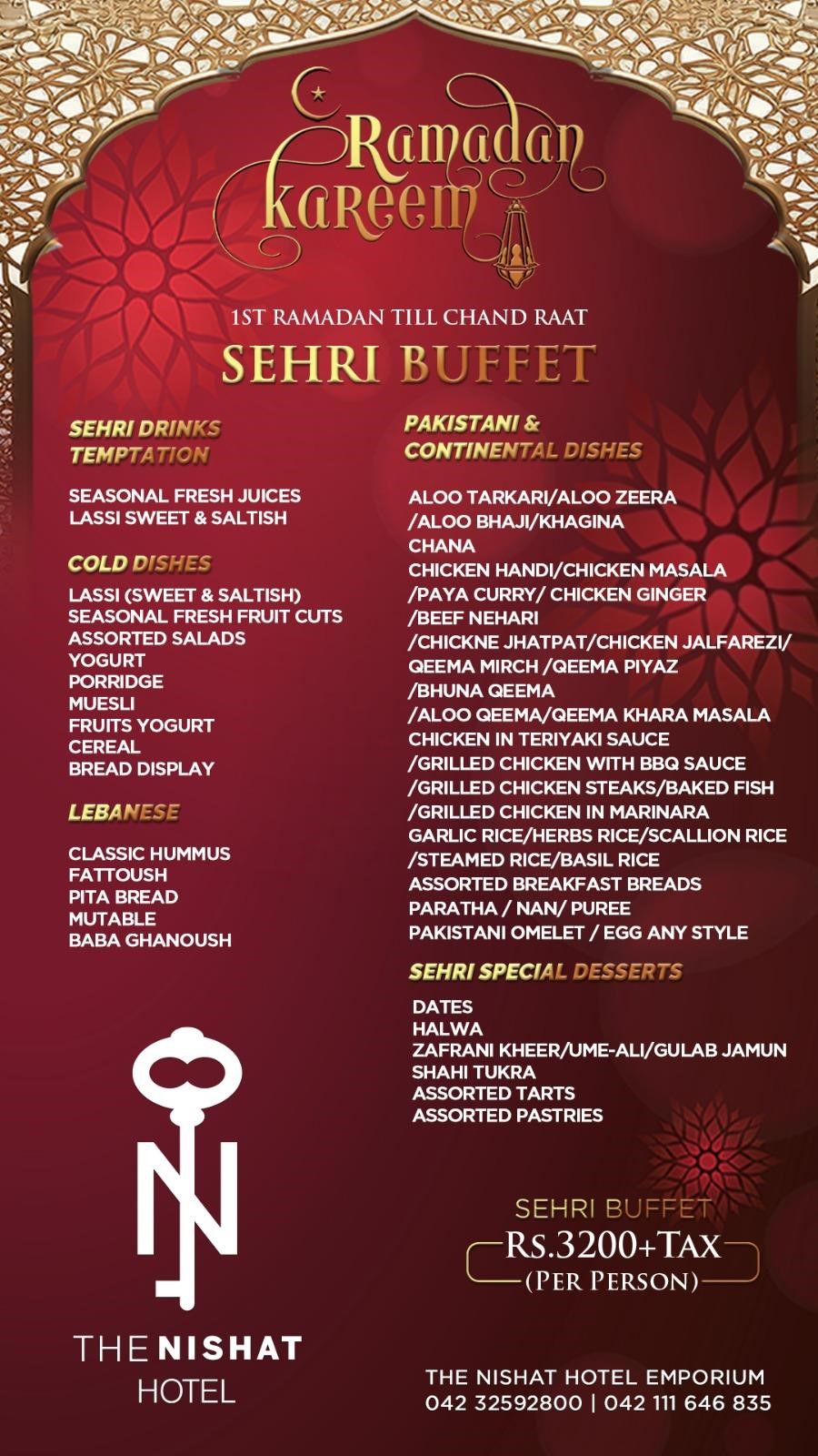 Nishat hotel Sehri Buffet Menu